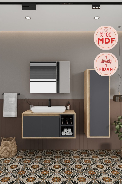 Lale 90 Cm %100 Mdf Lavabolu Banyo Dolabı + Boy Dolabı