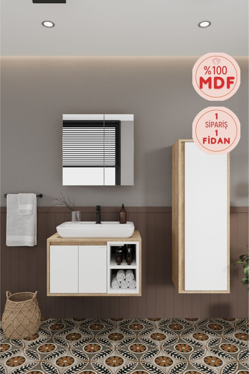 Lale Beyaz 70 Cm Set %100 Mdf Lavabolu Banyo Dolabı Aynalı Dolap Boy Dolabı