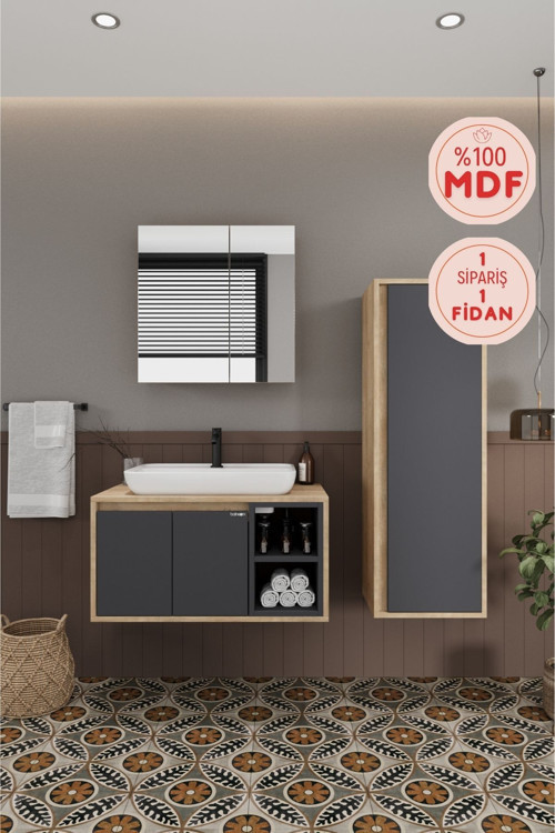 Lale 80 Cm Set %100 Mdf Lavabolu Banyo Dolabı Aynalı Dolap Boy Dolabı