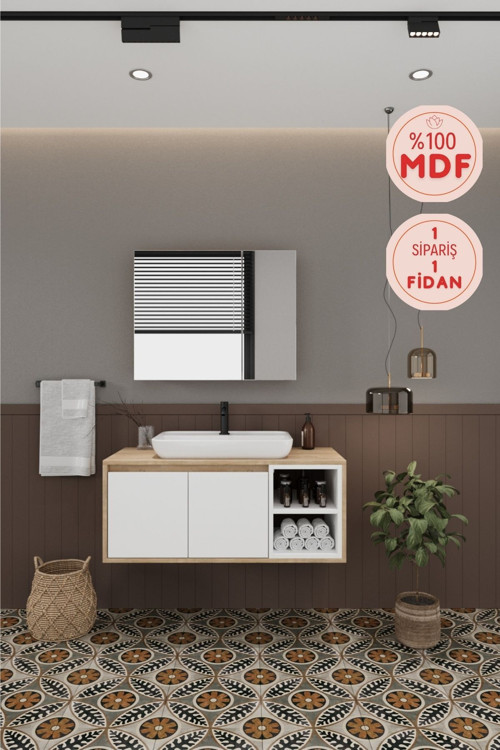Lale Beyaz 100 Cm %100 Mdf Lavabolu Banyo Dolabı + Aynalı Dolap