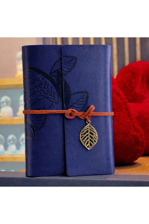 Lacivert Yaprak Desenli Deri Defter