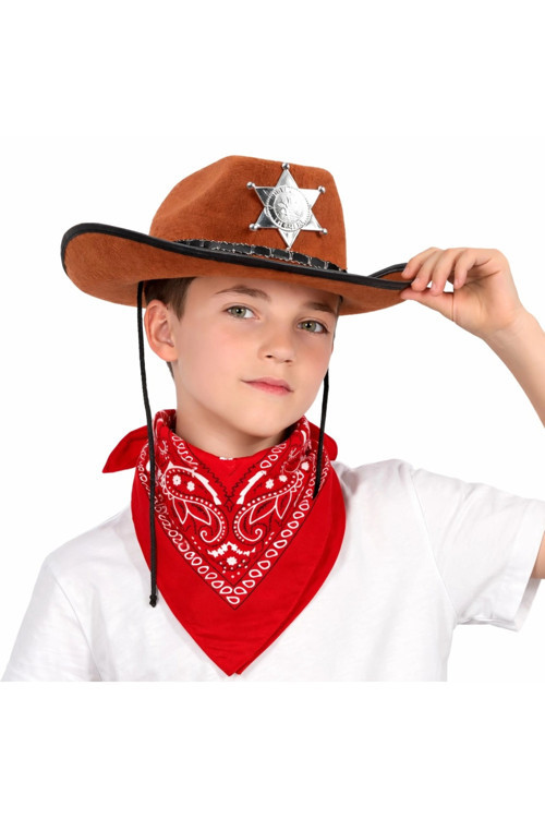 Çocuk Kovboy Şapka Rozetli Kahverengi ve Kırmızı Bandana Seti