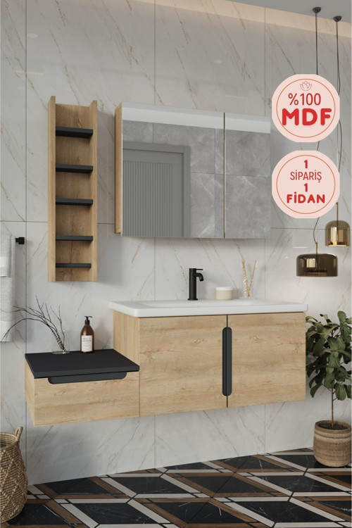 Banyo Zakkum 120 Cm Demonte Lavabolu Banyo Dolabı Dolaplı Aynalı Üst Dolap Havluluk