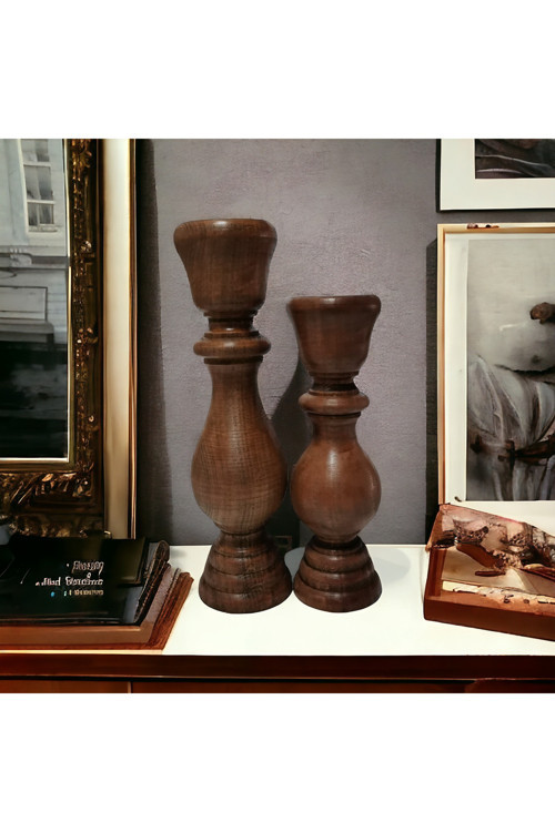 2'li Wooden Ceviz Ahşap Torna Şamdan Mumluk Dekoratif Özel Kayın Ağacı 3301000000774