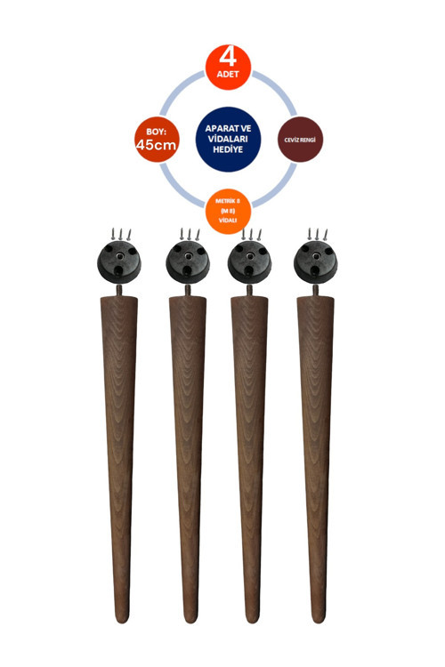 4'lü Ceviz 45 Cm Ahşap Ayak Konik Masa-sandalye-tabure- Sehpa Ayağı Çap:4,6cm 3301000000667