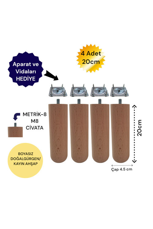 4'lü 20 cm Oval Ahşap Ayak Bohem Tarz Koltuk Ayağı Baza Ayağı Tv Ünitesi Ayağı 3301000000890