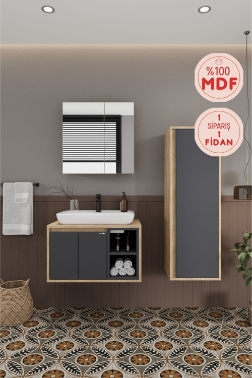 Lale 70 Cm Set %100 Mdf Lavabolu Banyo Dolabı + Aynalı Dolap + Boy Dolabı