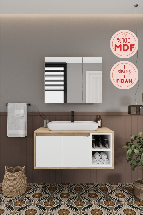 Lale Beyaz 90 Cm %100 Mdf Lavabolu Banyo Dolabı + Aynalı Dolap