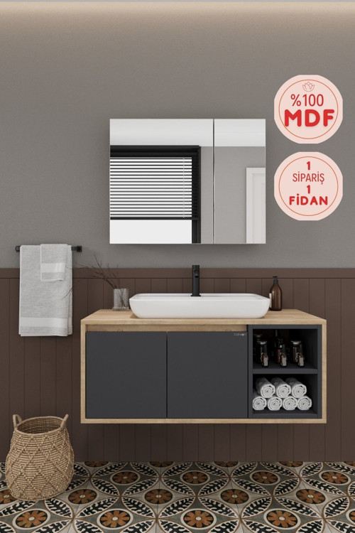 Lale 100 Cm %100 Mdf Lavabolu Banyo Dolabı + Aynalı Dolap