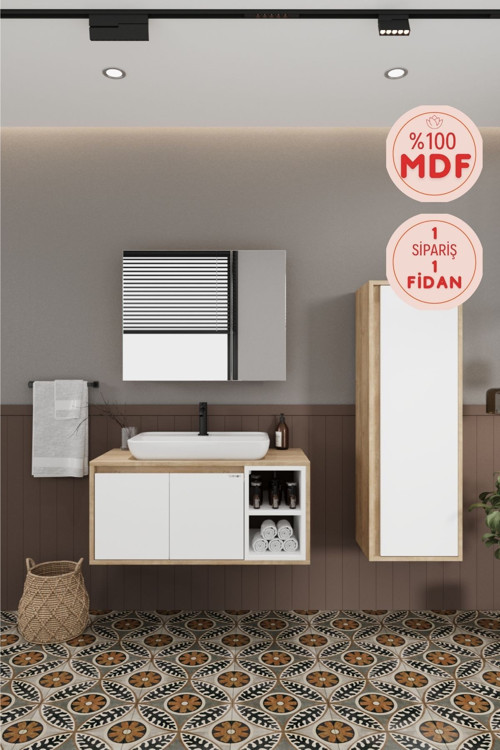 Lale Beyaz 90 Cm %100 Mdf Lavabolu Banyo Dolabı + Boy Dolabı