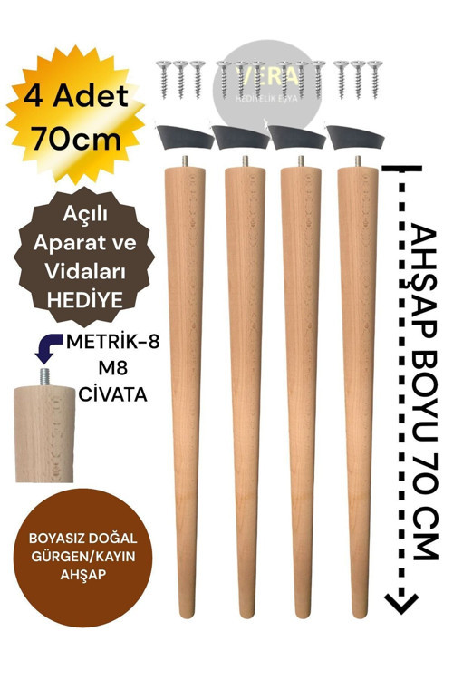 4'lü 70 cm Doğal Ahşap Konik Masa Ayağı Sehpa Ayağı Ahşap Ayak (Aparat ve Vida Dahil) 3301000000811