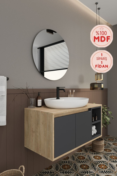 Gül 90 Cm %100 Mdf Lavabolu Banyo Dolabı Ayna Alt Dolap Lavabo