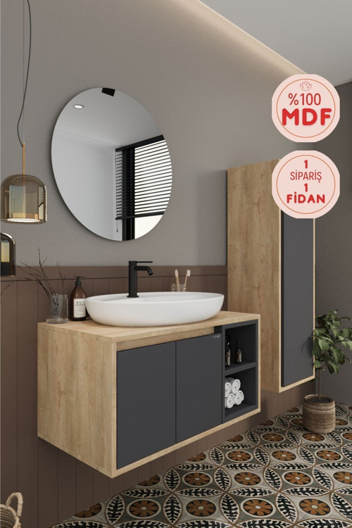 Gül 80 Cm %100 Mdf Lavabolu Banyo Dolabı Ayna Alt Dolap Lavabo Boy Dolabı