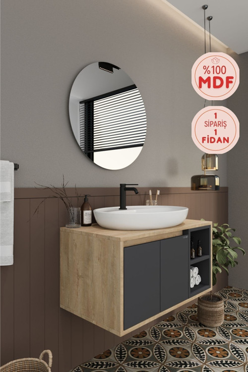 Gül 80 Cm %100 Mdf Lavabolu Banyo Dolabı Ayna Alt Dolap Lavabo