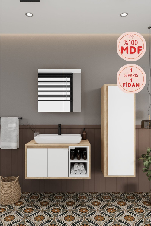 Lale Beyaz 80 Cm %100 Mdf Lavabolu Banyo Dolabı + Aynalı Dolap+ Boy Dolabı