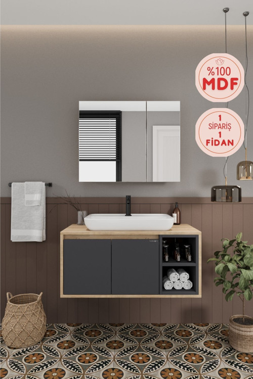 Lale 90 Cm %100 Mdf Lavabolu Banyo Dolabı + Aynalı Dolap