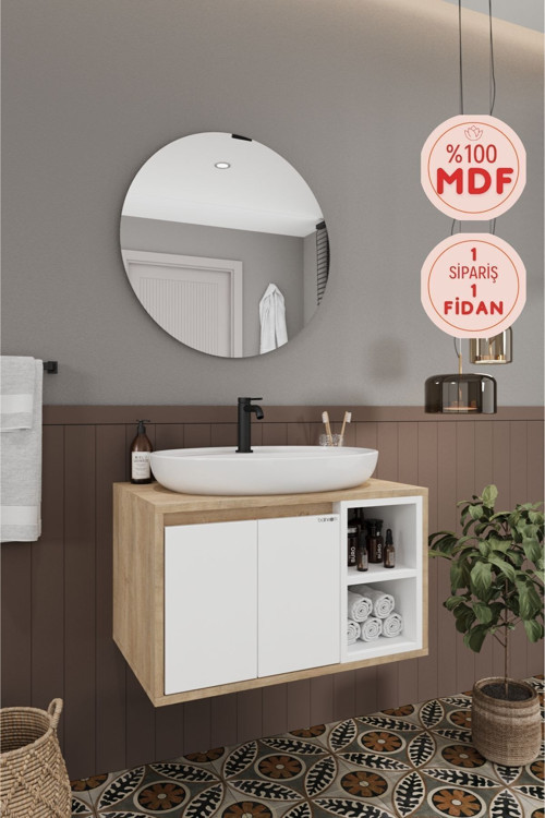 Gül Beyaz 70 Cm %100 Mdf Lavabolu Banyo Dolabı Ayna Lavabo