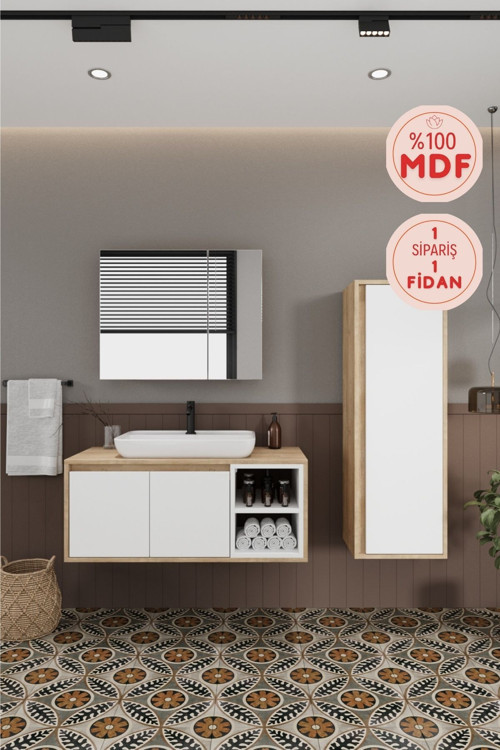 Lale Beyaz 100 Cm %100 Mdf Lavabolu Banyo Dolabı + Aynalı Dolap + Boy Dolabı