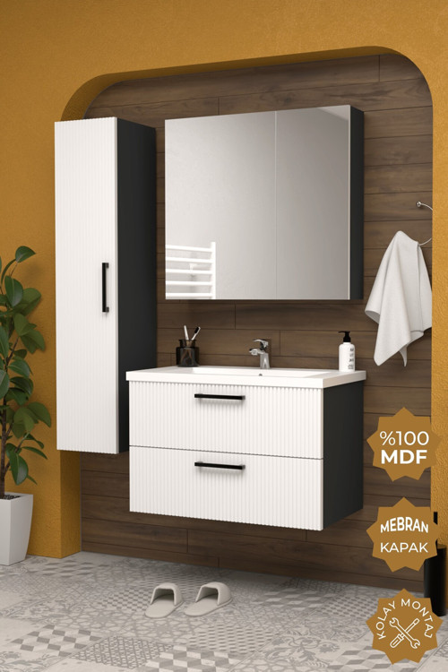 Havana 65 Cm Mdf Gövde Membran Kapak Banyo Dolabı Seti + Boy Dolabı