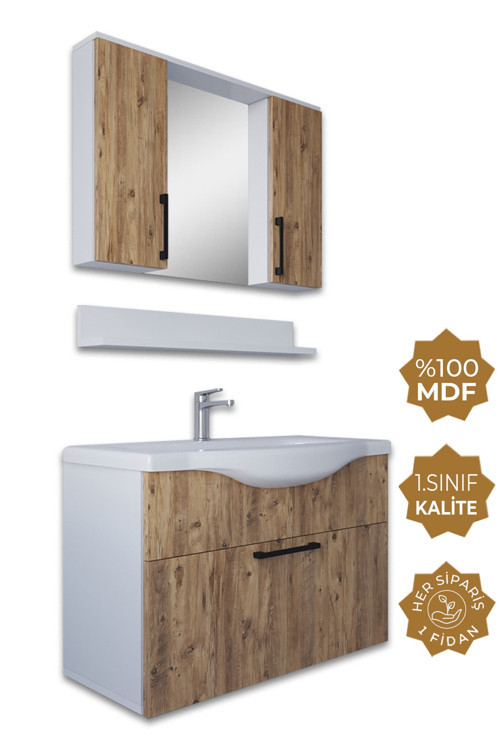 Eko 80Cm Atlantik Çam-Beyaz Mdf Banyo Dolabı Seti