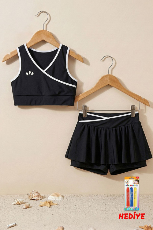 Kız Çocuk Sportif Siyah Renk Biyeli Crop Şort Etek  Alt Üst Takım 