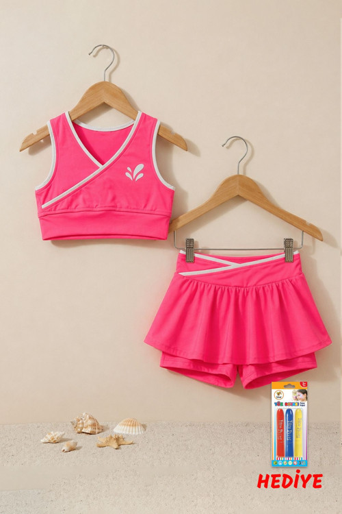 Kız Çocuk Sportif Fuşya Renk Crop - Şort Etek Alt Üst - Takım