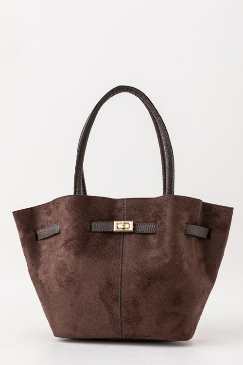 Meet Terra Acı Kahve Süet Görünümlü Geniş Hacimli Kilit Aksesuarlı Kadın Omuz Çantası
