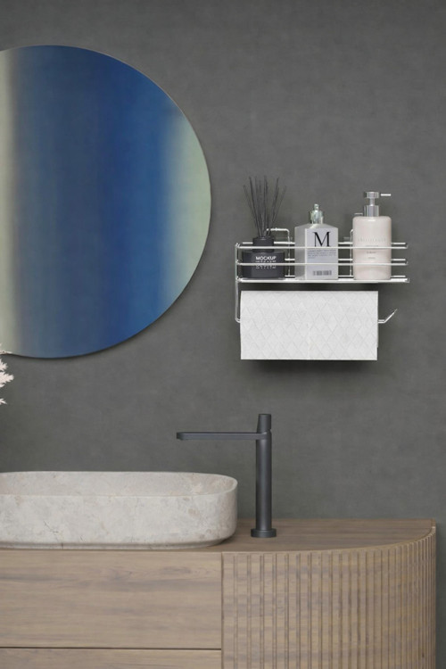 Yapışkanlı Raflı Rulo Havluluk Havlu Kağıtlık Banyo Rafı Mutfak Düzenleyici Raf Krom Gümüş