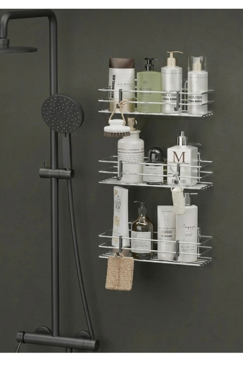3 Katlı Banyo Rafı Geniş Metal Şampuanlık Yapışkanlı Banyo Düzenleyici Krom 48X25 Cm