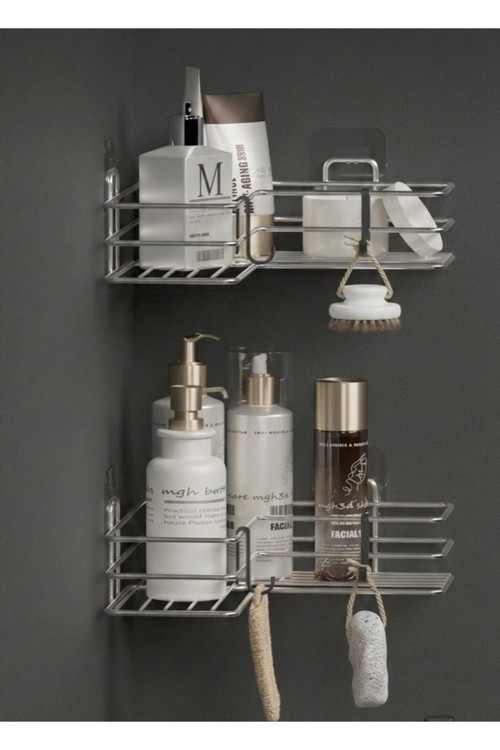 Krom Gümüş 2Li Banyo Rafı Köşeliği Köşe Rafı Yapışkanlı Duş Şampuanlık Düzenleyici Organizer