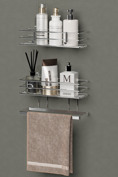 Yapışkanlı 2’Li Set Banyo Rafı & Havluluk Düzenleyici Organizer 1. Sınıf Krom Parlak Kaplama