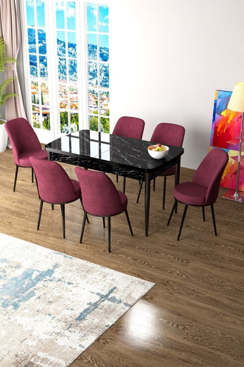 Zen Serisi 80x132 Mdf Açılabilir Siyah Mermer Desen Masa Takımı Ve 6 Bordo Sandalye