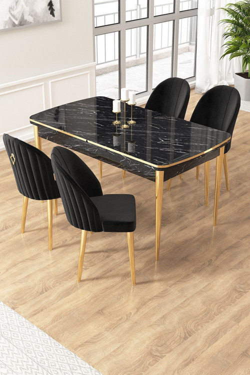 Concept Edaf Serisi 80X132 Açılabilir Siyah Mermer Desen Mutfak Masa Takımı 4 Siyah Sandalye Gold Detay