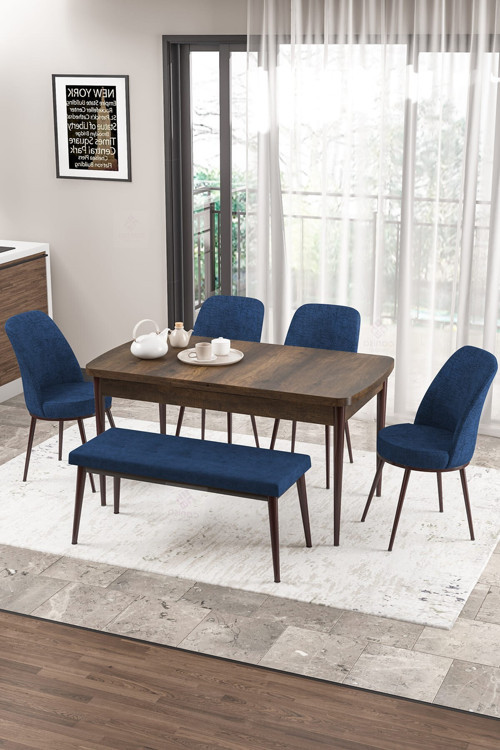 Zen Serisi 80x132 Mdf Açılabilir Barok Ahşap Desen Masa Takımı 4 Lacivert Sandalye Ve 1 Bench