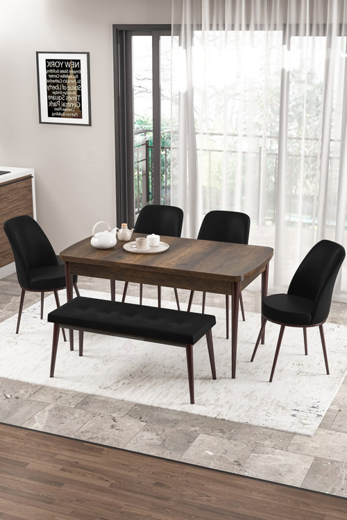 Zen Serisi 80x132 Mdf Açılabilir Barok Ahşap Desen Masa Takımı 4 Siyah Sandalye Ve 1 Bench