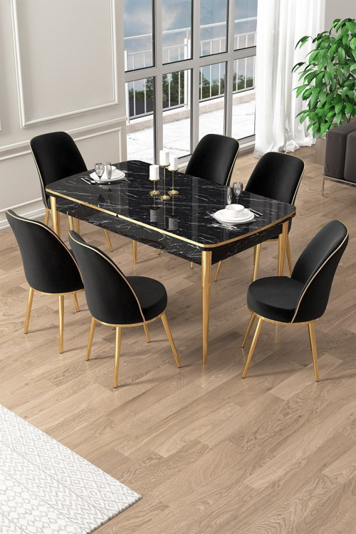 Concept Pale Serisi 80X132 Açılabilir Siyah Mermer Desen Mutfak Masa Takımı 6 Siyah Sandalye Gold Detay