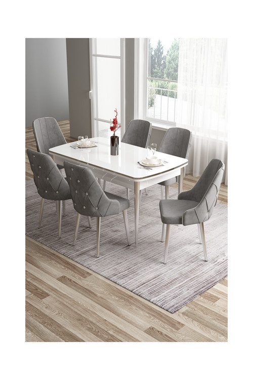 Concept Tia Serisi 80X132 Açılabilir Mdf Beyaz Krom Detay Mutfak Masası Takımı Ve 6 Gri Sandalye