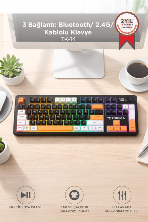 Oyuncu Klavyesi Rgb Işıklı Dijital Ekranlı 3 Modlu Mekanik Hisli Kablosuz Klavye TK14 Siyah