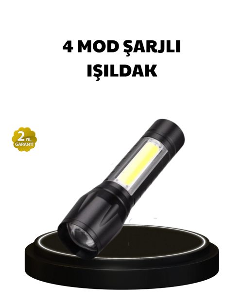 4 Mod Şarjlı Işıldak | Güçlü Cree Led | Su Geçirmez Alüminyum Gövde