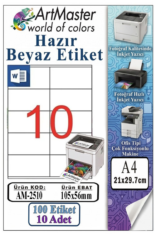 A4 Hazır Beyaz Etiket 105x56 mm 10 Sayfa 1 Paket 10 lu Kendinden Yapışkanlı Fotokopi Lazer İnkjet Kağıdı Yazıcılar İçin