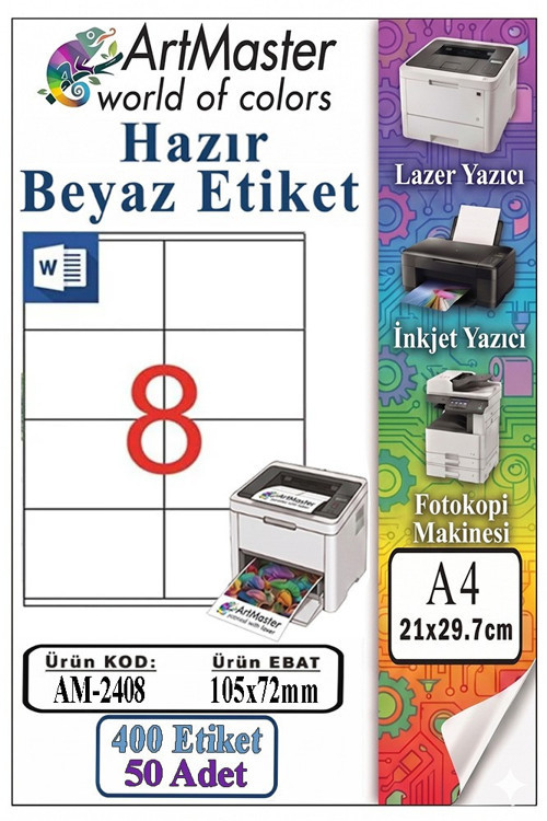 A4 Hazır Beyaz Etiket 105x72mm 50 Sayfa 1 Paket 8 li Kendinden Yapışkanlı Fotokopi Lazer İnkjet Kağıdı Yazıcılar İçin