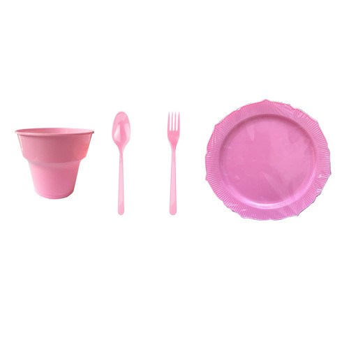 26 Cm. Plastik Mika Pembe Sorfa Piknik Seti - 72 Kişilik Tabak Bardak Çatal Kaşık Takımı