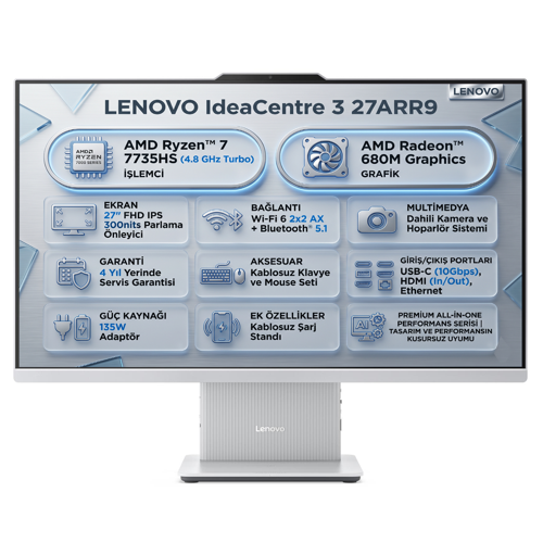 IdeaCentre 3 27ARR9 Amd Ryzen 7 7735HS 8GB 512GB SSD 27" W11P All In One PC F0HQ00ADTR 005