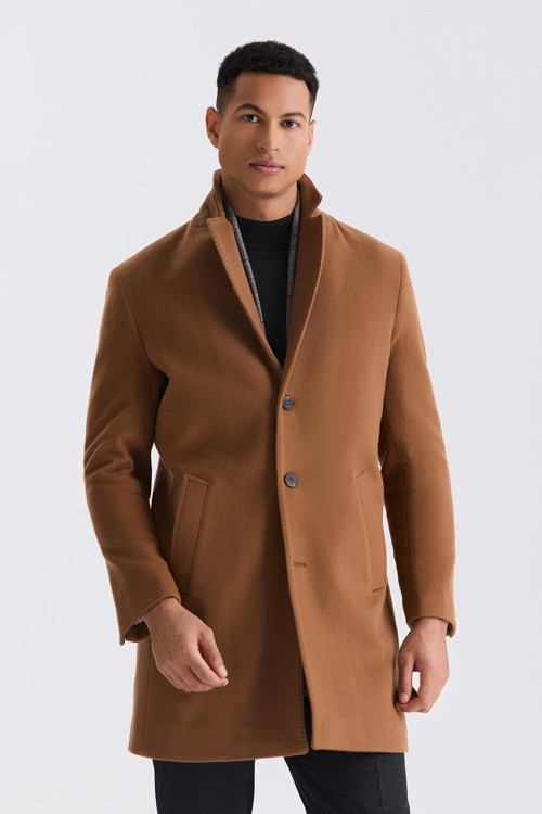 Taba Comfort Fit Mono Yaka Yan Cep Kaşe Kaban