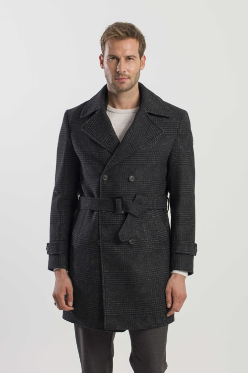 Siyah Slim Fit Gemici Yaka Ekoseli Yünlü Kaban