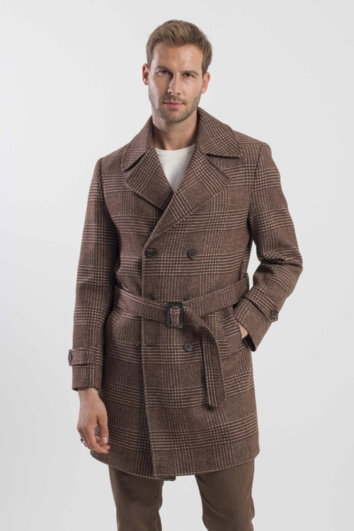 Kahve Slim Fit Gemici Yaka Ekoseli Yünlü Kaban