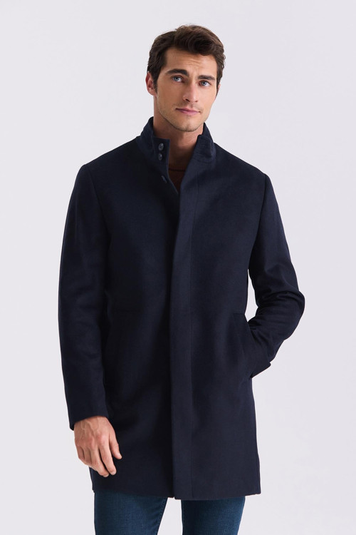 Koyu Lacivert Slim Fit Dik Yaka Balık Sırtı Desenli Yünlü Spor Kaban