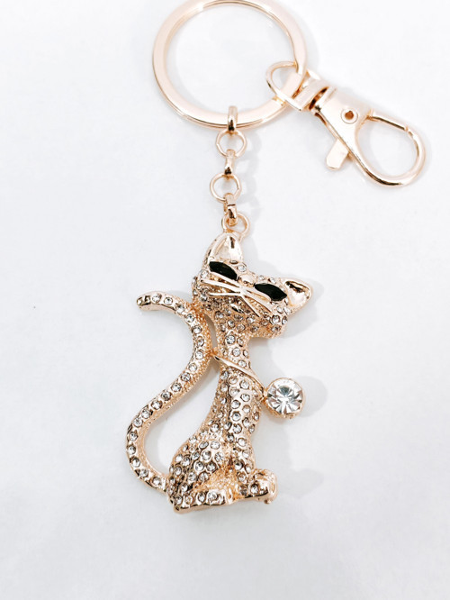 Zirkon Taşlı Rose Gold Kedi Figürlü Lüks Anahtarlık & Çanta Aksesuarı