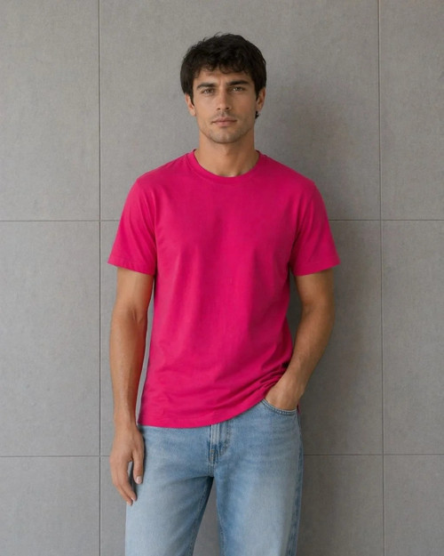 Erkek Basic Pamuklu Tişört Bisiklet Yaka Düz Renk Regular Fit T-Shirt - Fuşya