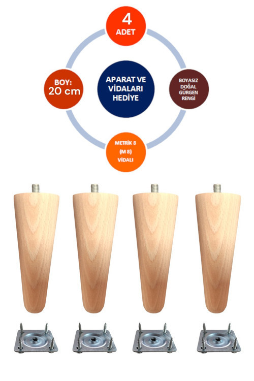 4'lü Ahşap Konik Ayak 20 Cm Gürgen Koltuk-baza-tv Ünitesi- Mobilya Ayağı- Çap:4,6 Cm 3301000000502